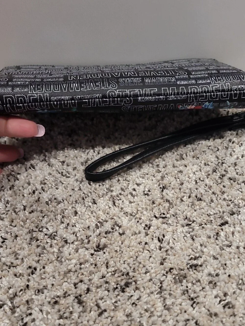 Steve Madden Black Floral Zip Wristlet with Gold Accent